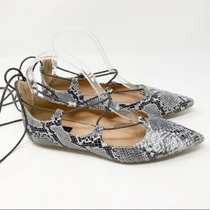 TOPSHOP snake print gladiator/lace up flats